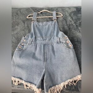 Light Blue Denim Overalls with Frayed Hem